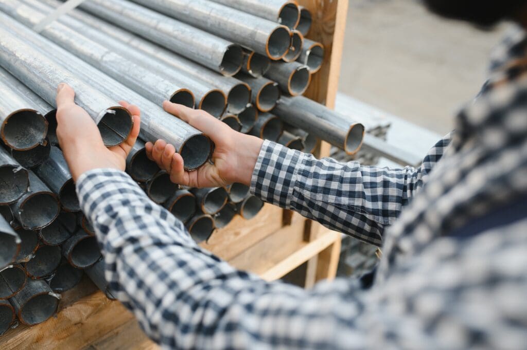 New steel pipes. A worker at the factory.